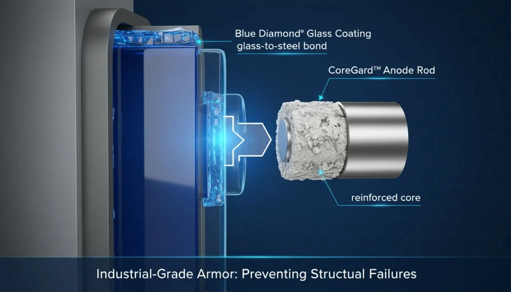 A macro cross-section view of an AO Smith water heater tank showing the Blue Diamond glass coating bonded to steel and the CoreGard anode rod with its internal stainless steel support core.