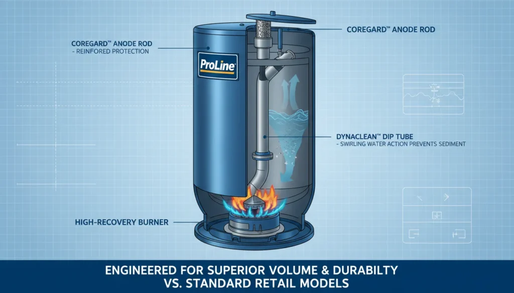 A detailed cutaway of an AO Smith ProLine gas water heater showing high-recovery heating elements, the DynaClean dip tube, and the heavy-duty commercial-grade tank construction designed for high-volume hot water demand.