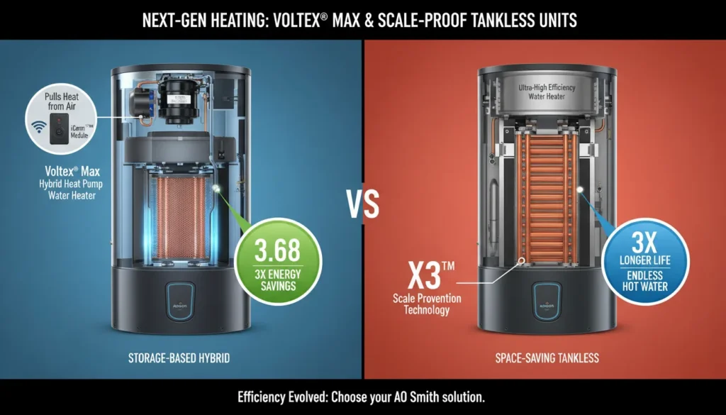 A high-efficiency comparison showing an AO Smith Voltex Max hybrid heat pump water heater alongside a Signature Series tankless unit featuring X3 scale prevention technology.