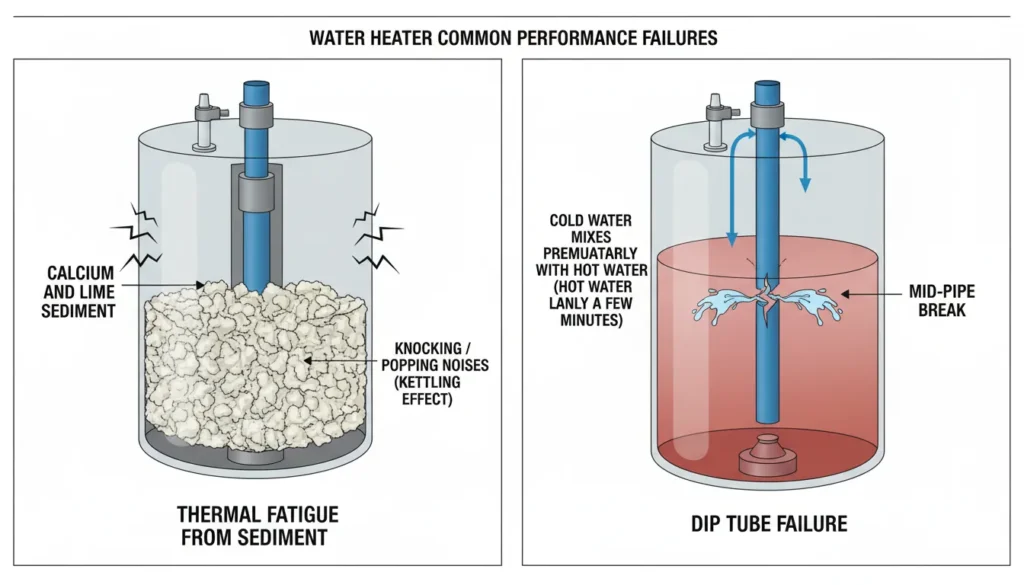 An educational infographic showing a water heater experiencing sediment buildup at the bottom of the tank, causing popping noises and a blocked dip tube leading to short bursts of hot water.