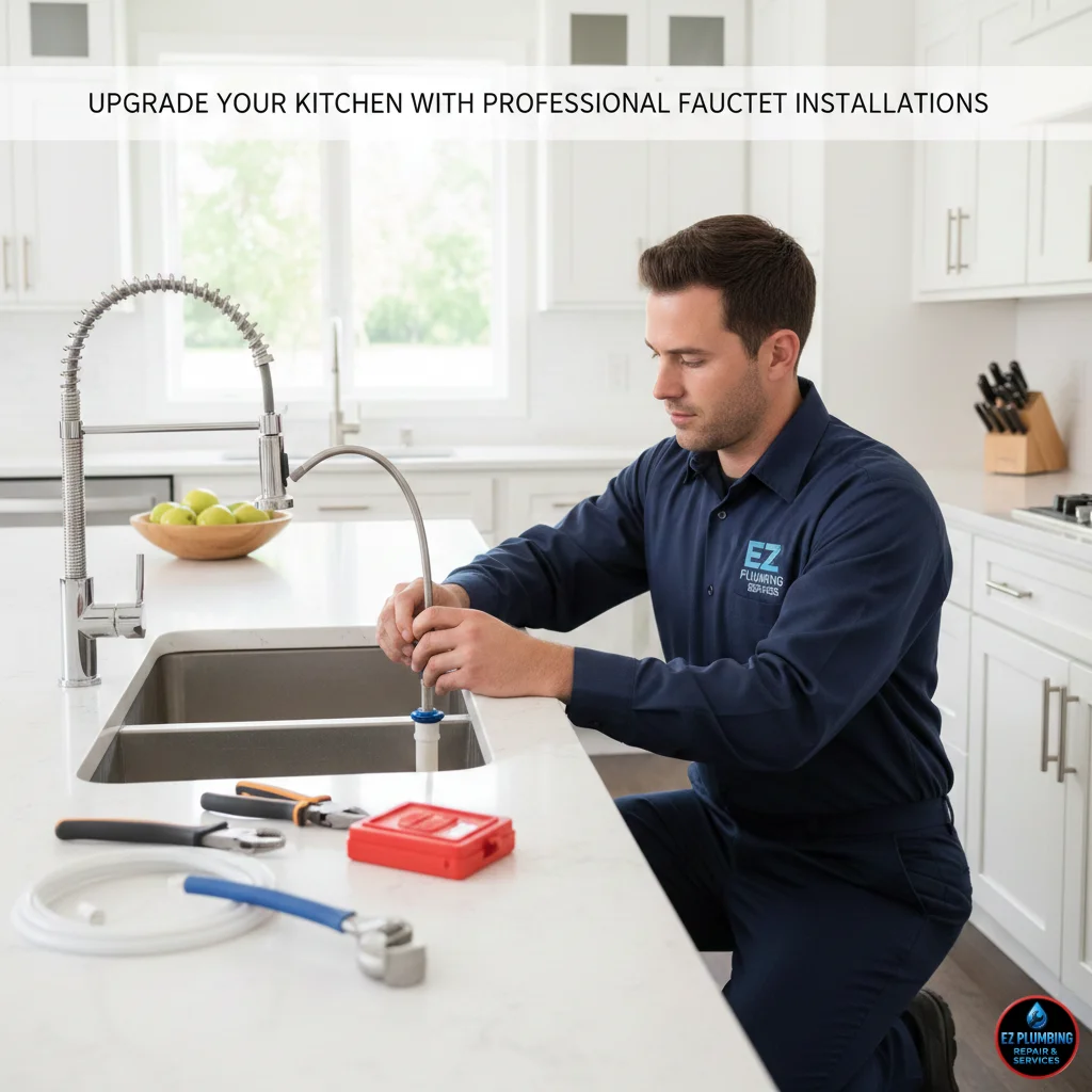 Licensed plumber installing a modern faucet in a kitchen, ensuring efficient water flow.