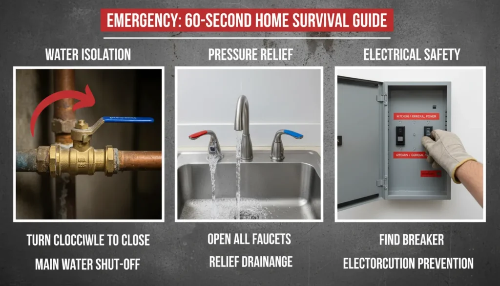 A step-by-step visual guide showing how to shut off a main water valve, drain household faucets, and switch off a breaker panel for a burst pipe in house emergency.