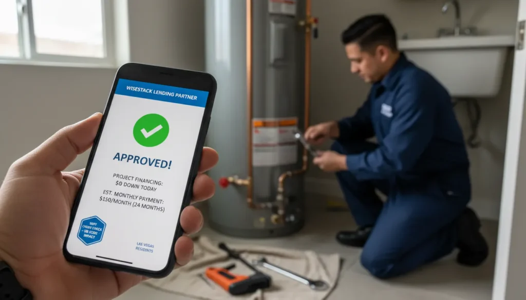 A Las Vegas homeowner using a smartphone to receive instant financing approval for an emergency residential plumbing repair while a professional technician stands nearby.