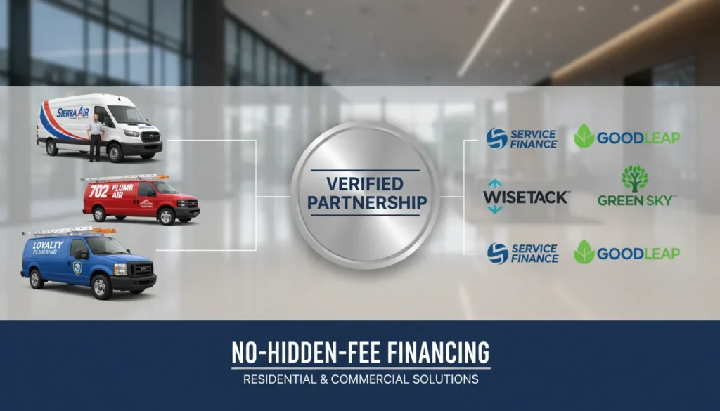 An infographic-style photo showing the partnership between professional Las Vegas plumbing companies and major financial lenders like GreenSky, Wisetack, and GoodLeap on a digital tablet.