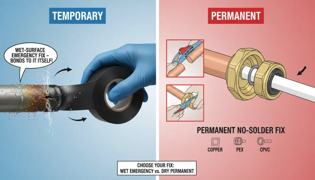 A technical comparison showing emergency repairs with self-fusing silicone tape versus a permanent, no-solder restoration using a push-to-connect SharkBite fitting on a copper pipe.