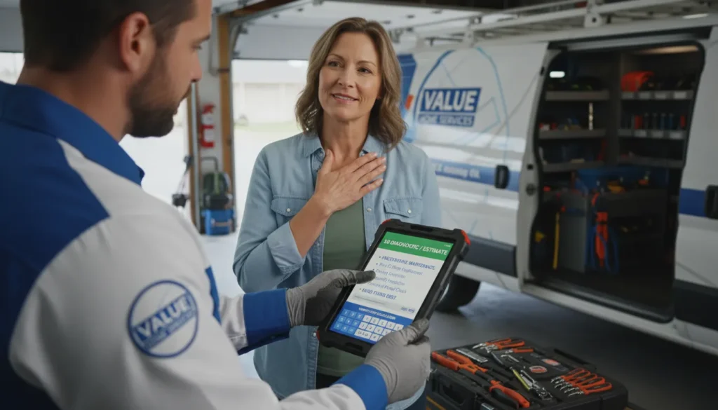A professional Las Vegas plumber holding a digital tablet displaying a transparent, line-item repair estimate while discussing budget-friendly financing options with a homeowner.