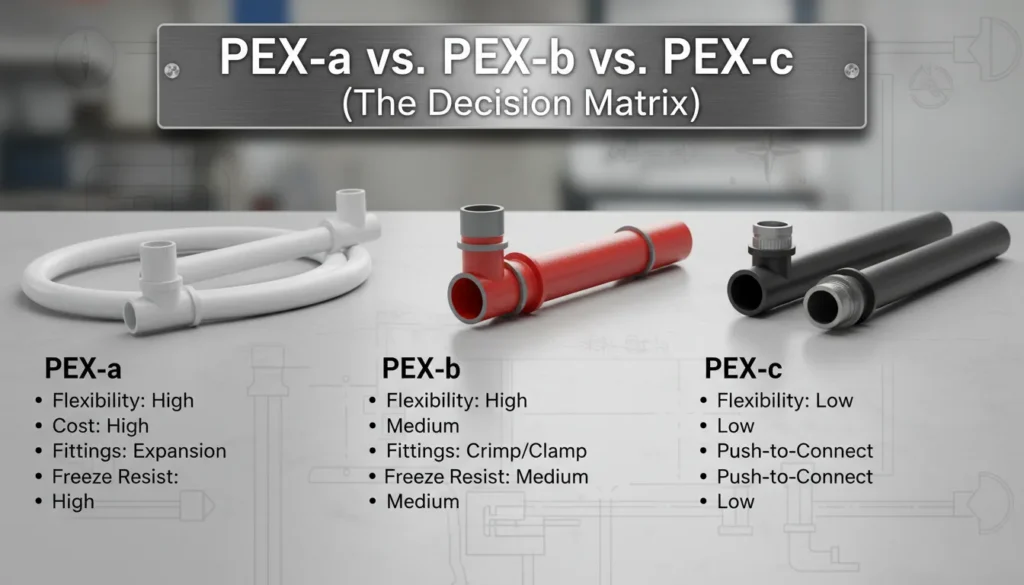 A detailed decision matrix comparing PEX-a flexibility, PEX-b chlorine resistance, and PEX-c cost-effectiveness for residential plumbing.