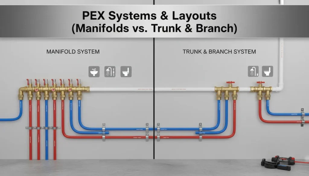 Diagram comparing a PEX Manifold 'Home-Run' system with a central control hub versus a traditional PEX Trunk and Branch layout.