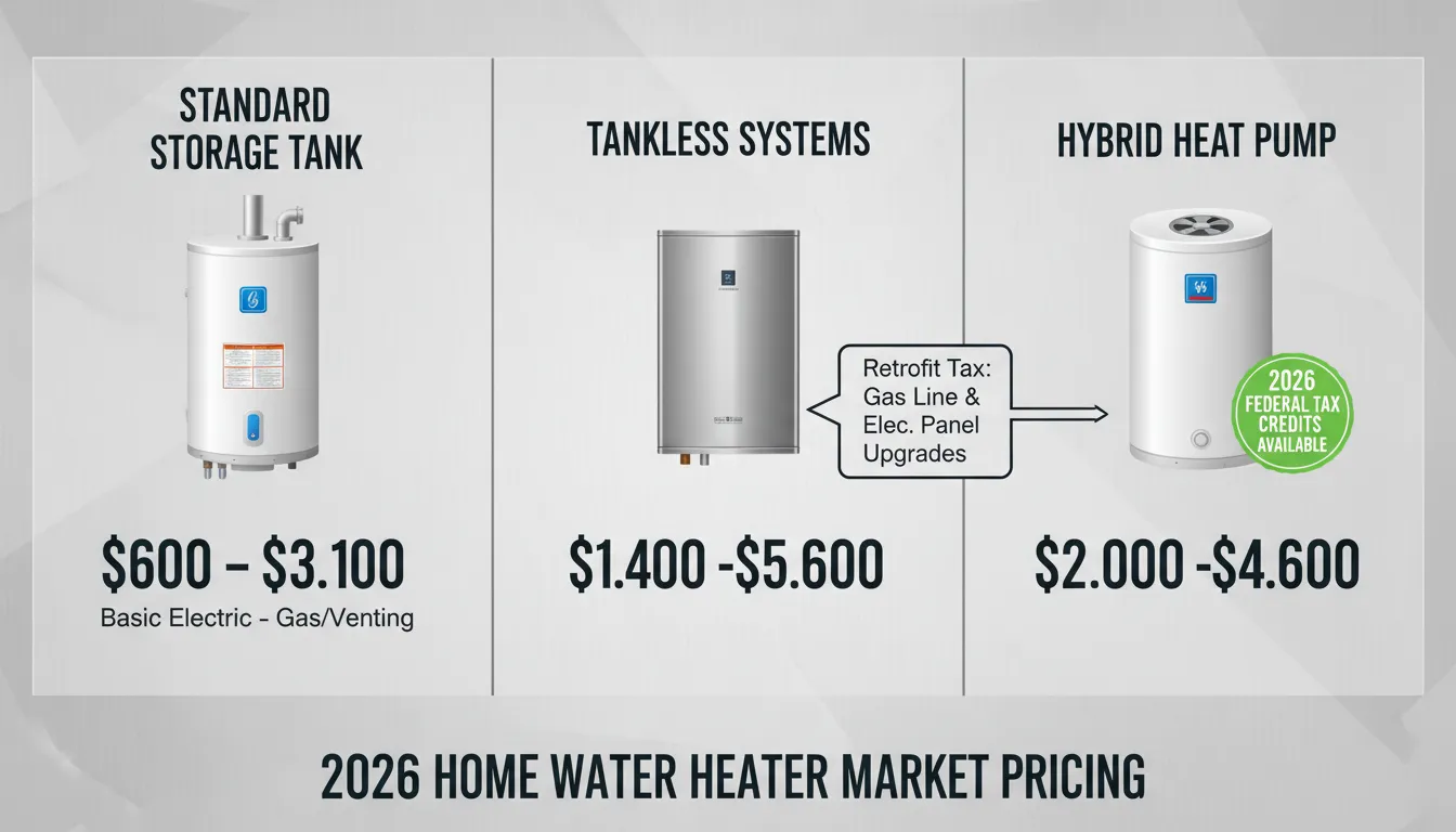 Comparison of 2026 water heater installation costs for standard tank, tankless, and hybrid heat pump units, showing average price ranges for equipment and labor.