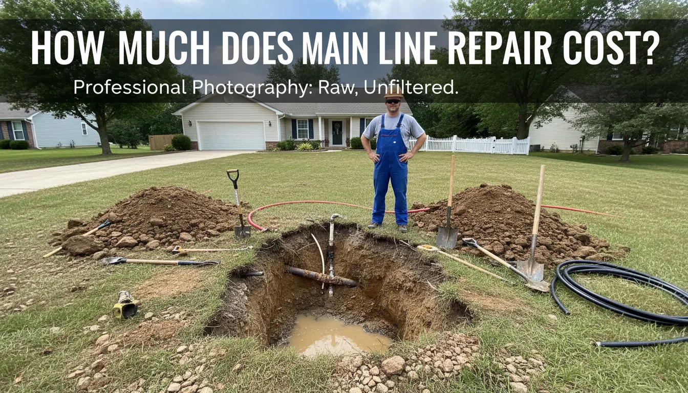 Illustration showing the cost breakdown for main sewer line repair, including clog removal, tree root removal, and pipe replacement.