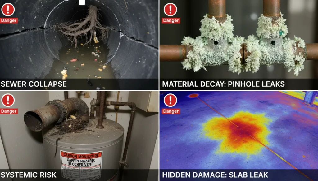 A professional collage illustrating major plumbing inspection failures, including a high-definition sewer camera view of a collapsed orangeburg pipe, a macro shot of active galvanic corrosion on copper joints, and a water pressure gauge showing dangerously high PSI.