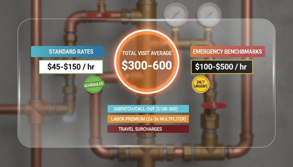 A professional comparison chart displaying standard plumbing hourly rates versus emergency after-hours fees, including travel and diagnostic dispatch charges.