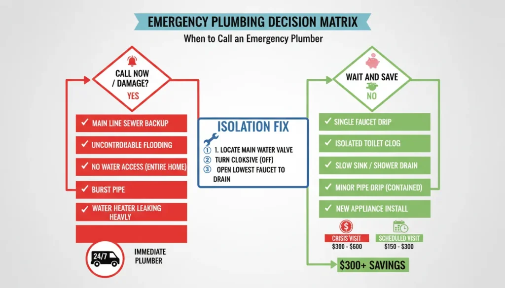 A decision flowchart for homeowners titled 'When to Call an Emergency Plumber,' comparing high-priority crises like burst pipes to low-priority issues like minor drips.