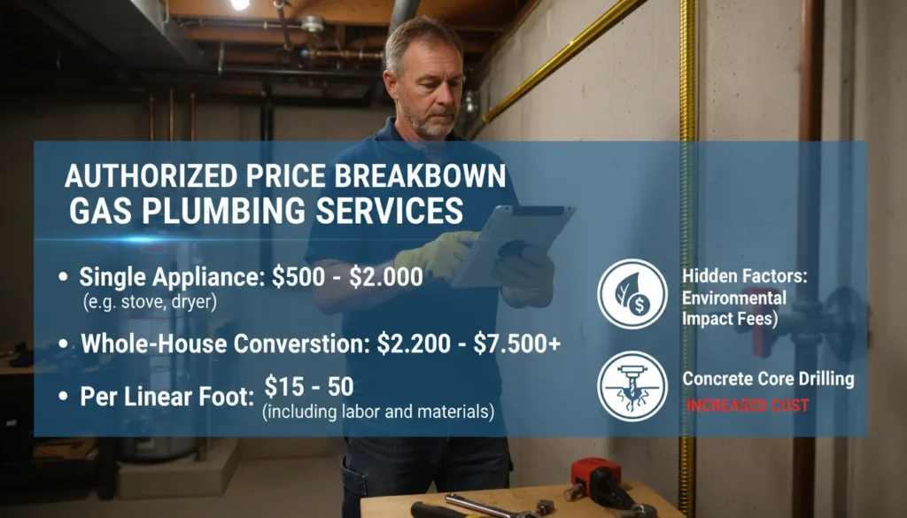 A professional cost-breakdown graphic showing a plumber for gas lines next to a residential gas meter, featuring a price table for single-appliance hookups, whole-house conversions, and linear foot rates for 2026.