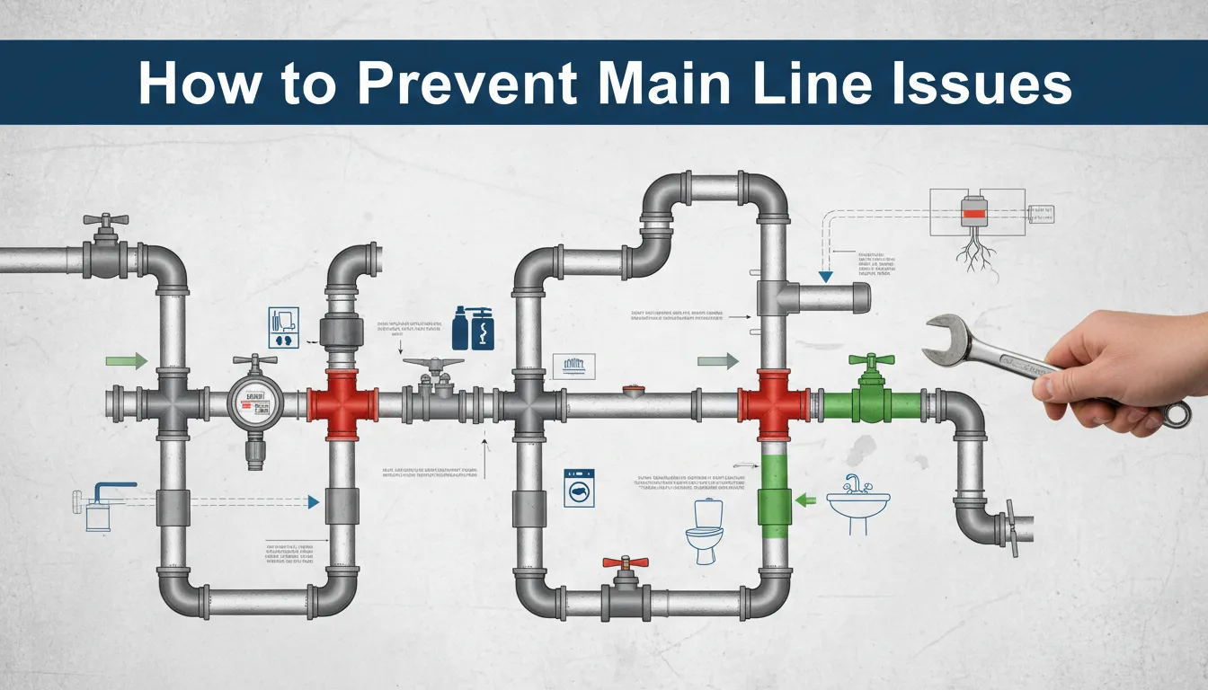 Infographic showing tips to prevent main sewer line issues, including regular inspections, root prevention, and proper disposal practices.