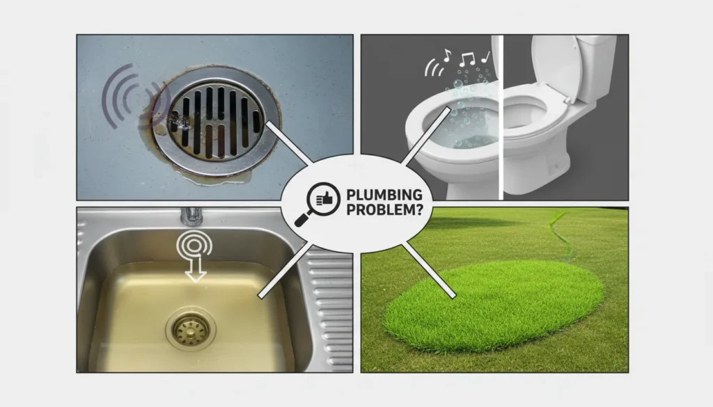 Infographic showing four major signs of a broken sewer line: wet patches in yard, slow household drains, foul odors, and gurgling toilet water.