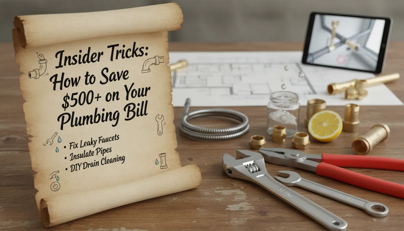 A plumber using a tool to perform a cost-effective plumbing repair, with tips to save money on the plumbing bill.
