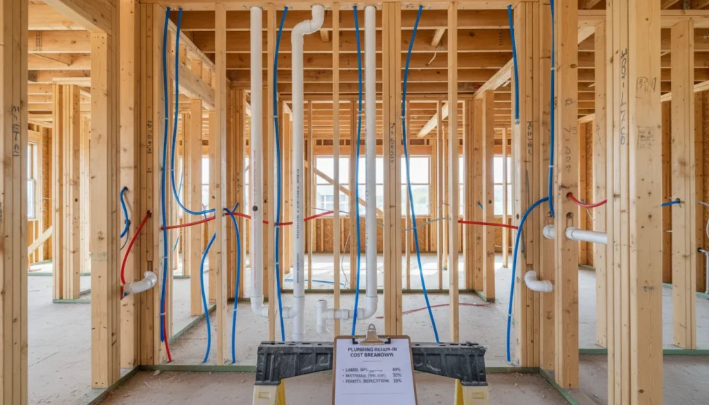 A wide-angle view of a new residential home’s open-wall framing showcasing the rough-in plumbing stage with integrated PEX water lines and PVC drainage stacks.