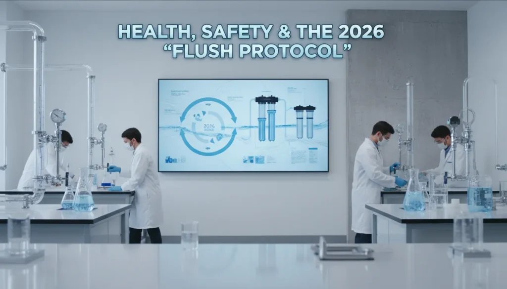 Comprehensive 2026 PEX flush protocol diagram showing how to remove chemical leaching and VOCs from new plumbing lines for safe drinking water.