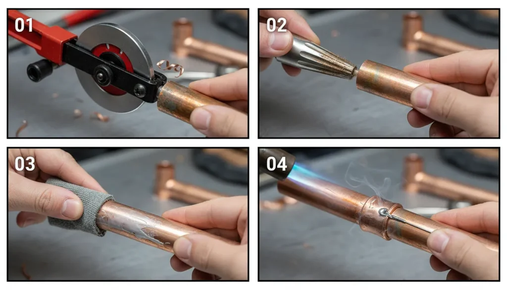 A step-by-step visual demonstration of a permanent copper pipe repair showing a clean cut with a tubing cutter, deburring the internal edges, and applying a torch to sweat-solder a new coupling.