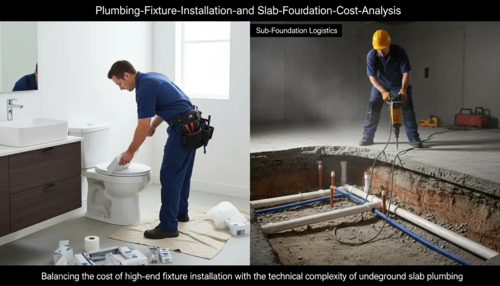A professional plumber installing a bathroom vanity and toilet while another technician uses specialized detection equipment on a concrete slab foundation in the background.