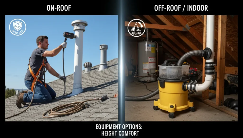 A dual-panel instructional image showing a plumber using an auger on a rooftop vent stack and a homeowner using a wet-dry vacuum at an indoor cleanout port to remove a blockage.