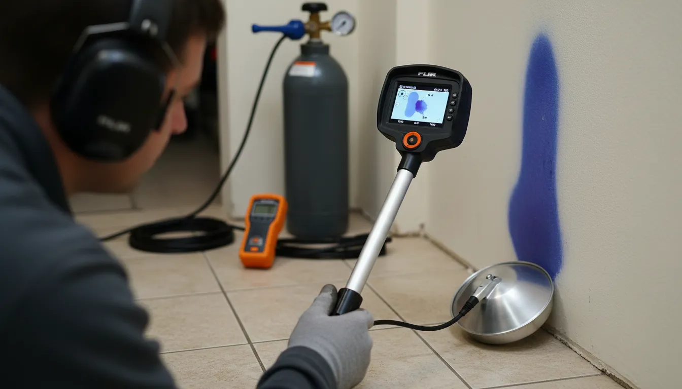 A professional plumber using acoustic leak detection headphones and a ground microphone alongside a thermal imaging camera displaying a heat signature of a hidden pipe leak.