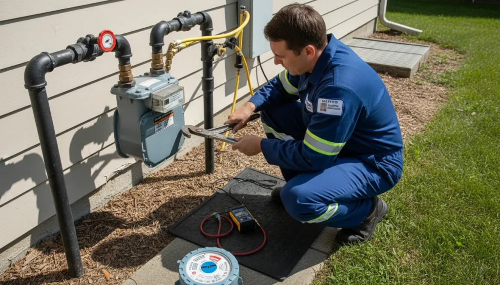 A certified plumber for gas lines displaying a professional gas-fitter license while performing a systematic pressure check on a complex residential natural gas piping system using a digital manifold.
