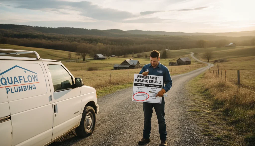 A professional plumber’s service van parked at a rural residential job site with a clipboard showing a line item for travel surcharges and local hourly labor rates.
