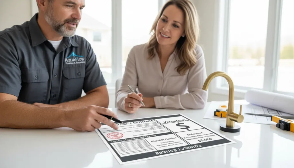 A professional plumber in a consultation with a homeowner, pointing at a detailed cost estimate sheet that includes line items for permits, fixtures, and rough-in labor.