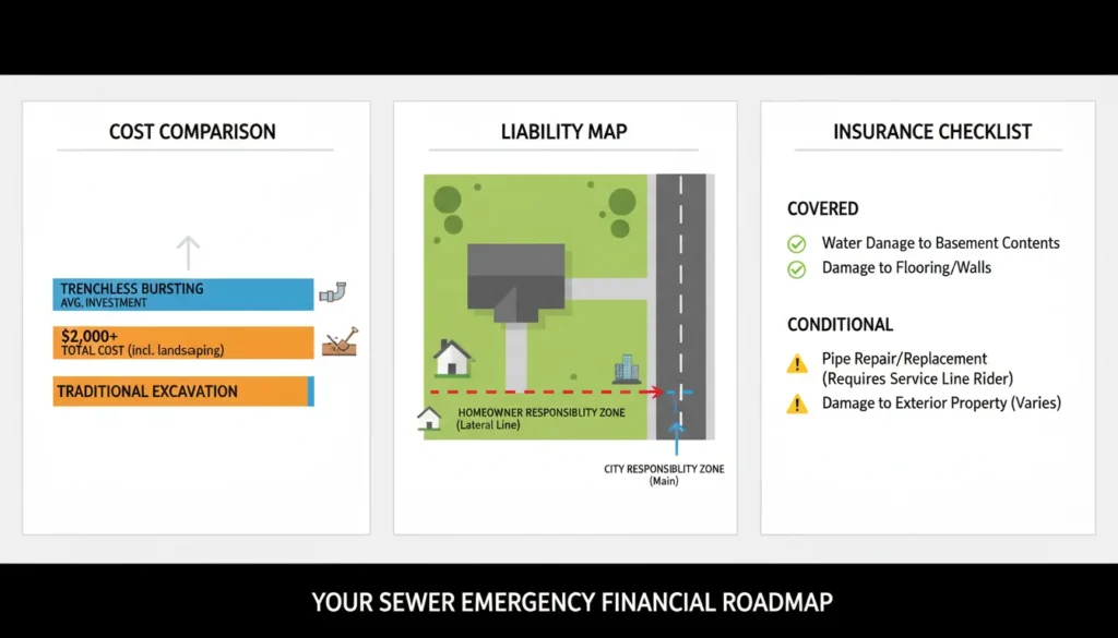 An infographic illustrating the average costs of trenchless sewer pipe bursting, property owner liability boundaries, and common insurance coverage scenarios.