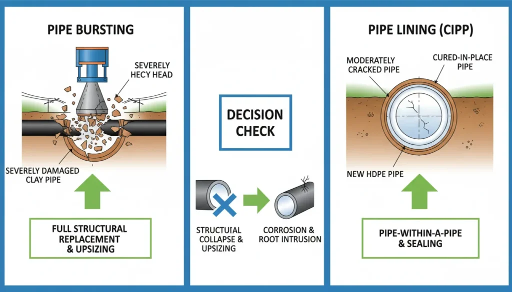 A side-by-side technical comparison diagram showing sewer pipe bursting replacing a collapsed pipe versus cured-in-place pipe lining (CIPP) creating a new interior coating.