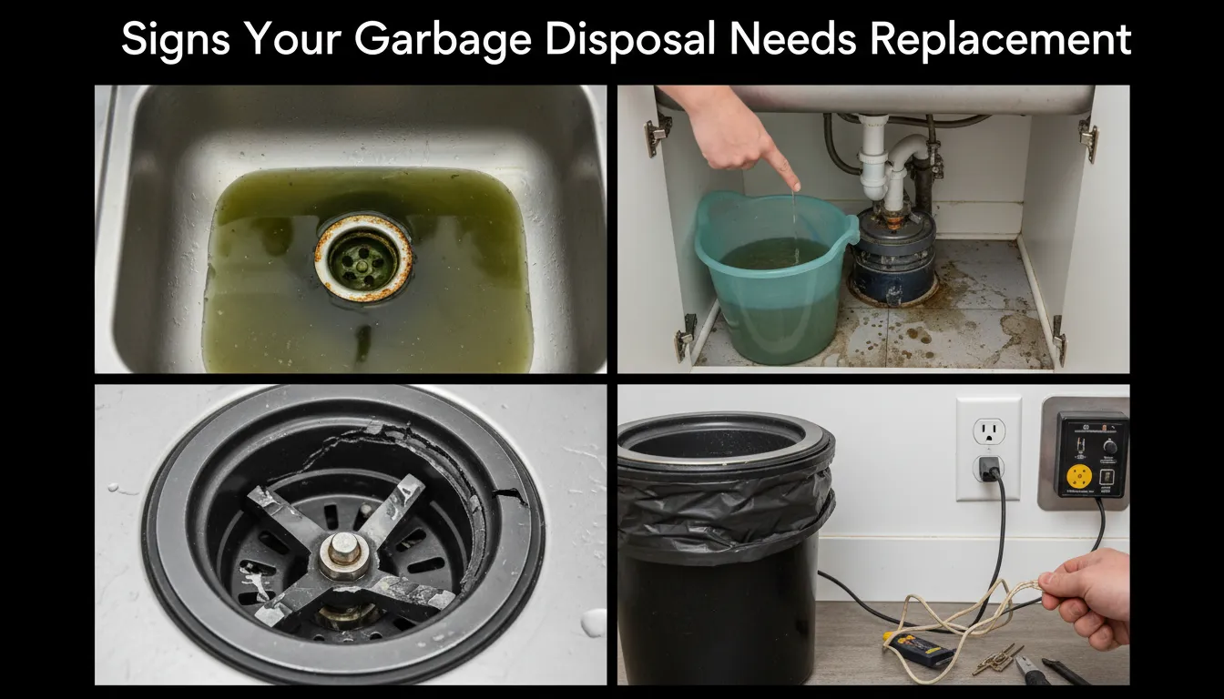 Old broken garbage disposal showing signs of failure under kitchen sink