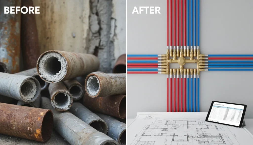 A side-by-side comparison showing a weathered, corroded iron pipe next to a modern, flexible PEX manifold system within an opened residential wall.