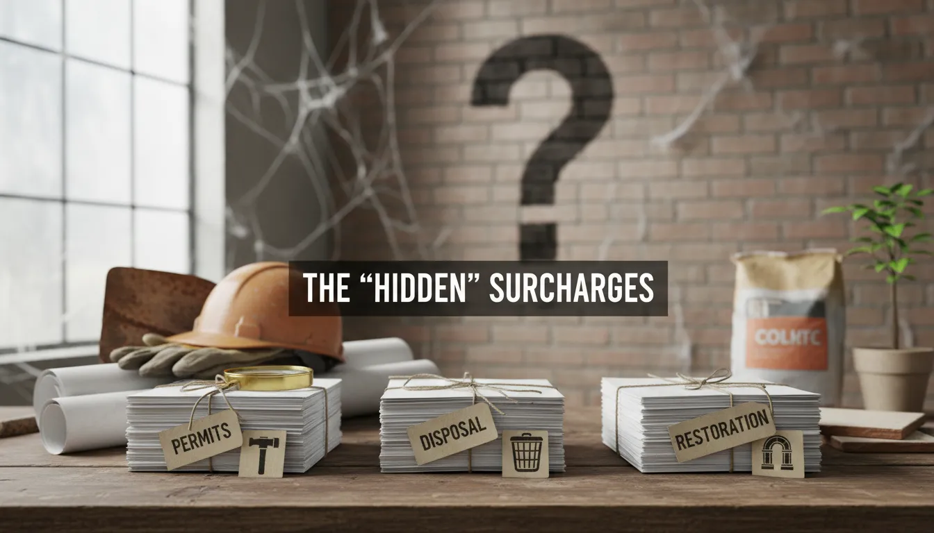 A breakdown of hidden surcharges like permits, disposal fees, and restoration costs in plumbing services.