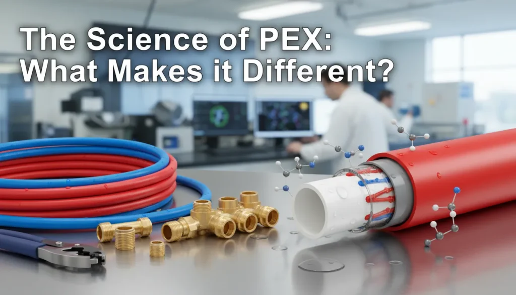 Diagram explaining the cross-linked polyethylene molecular structure that makes PEX flexible yet durable compared to standard HDPE.