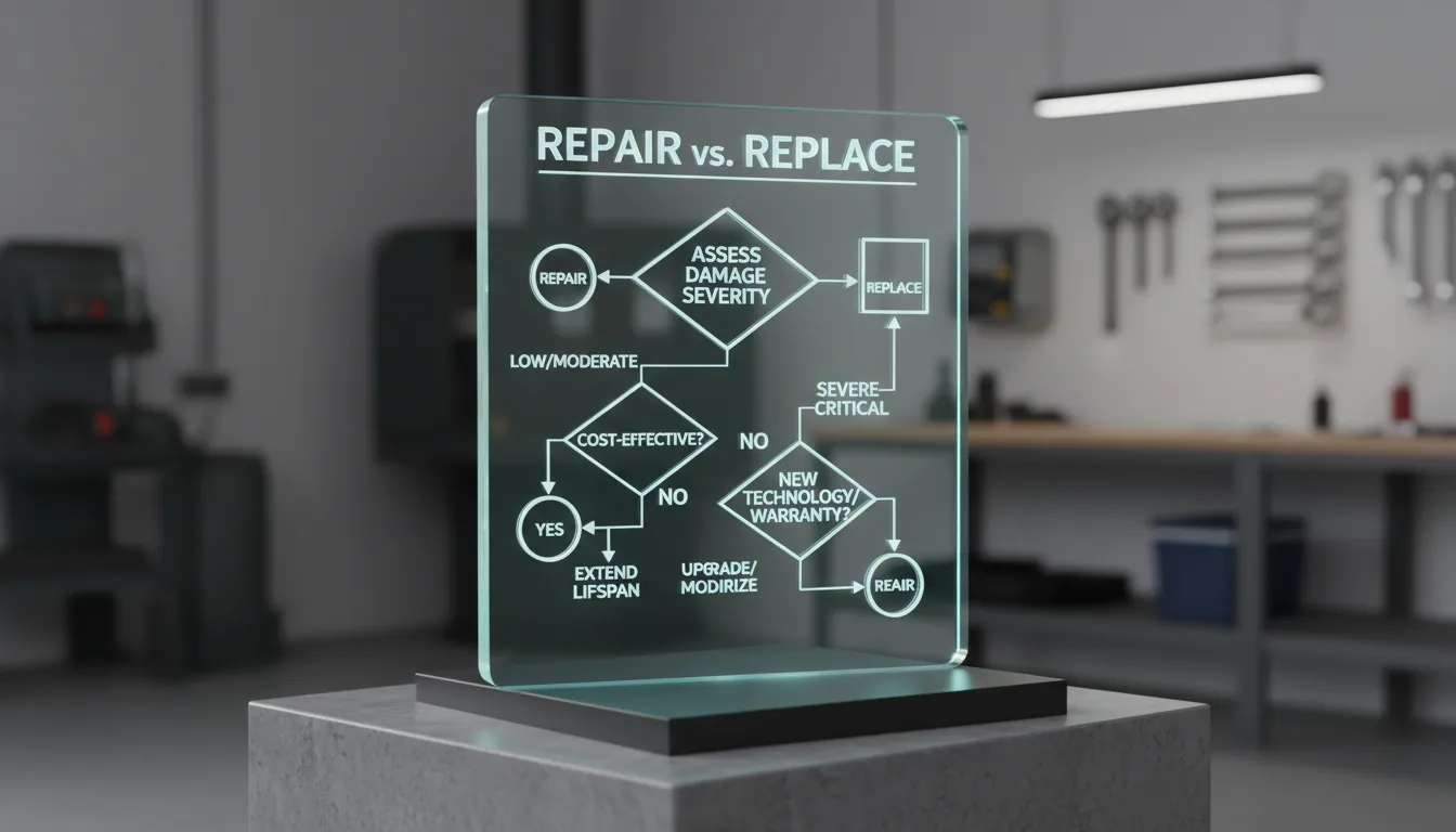 A decision tree illustrating when to repair or replace plumbing fixtures or pipes.