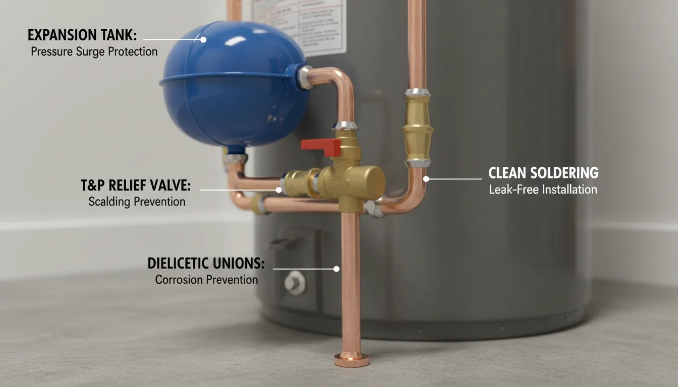 A professional plumber installing a high-efficiency water heater featuring code-compliant copper piping, a thermal expansion tank, and a safety discharge pipe.