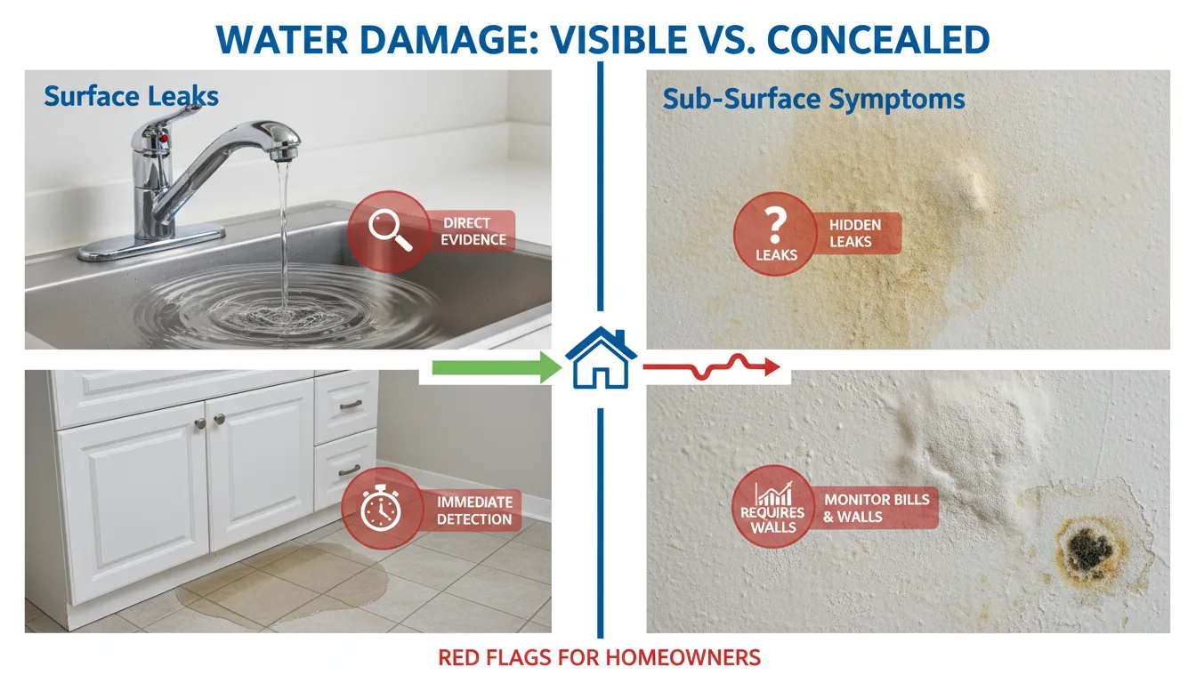 A side-by-side visual comparison showing visible plumbing leaks like a dripping faucet and pooling water versus hidden leak symptoms like bubbling wall paint and mold growth.