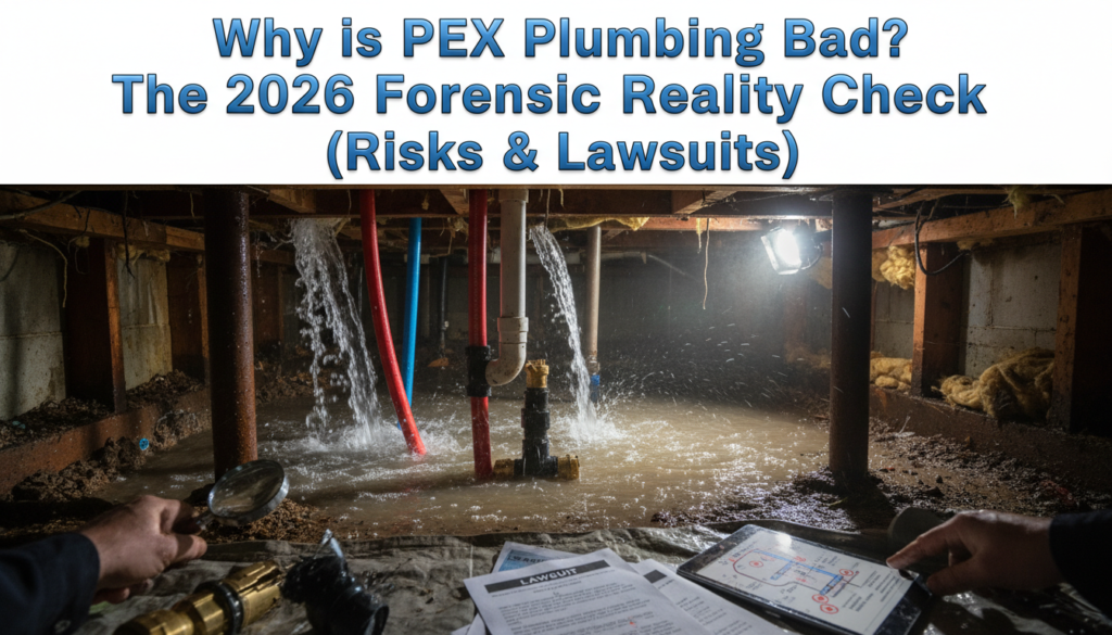 Forensic view of damaged PEX pipe showing chemical degradation and 2026 legal lawsuit documents.