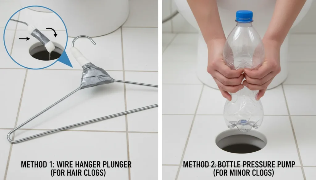 Demonstration of a DIY toilet unclogging kit including a wire coat hanger with a cloth-covered tip and a large plastic bottle with the bottom cut off.