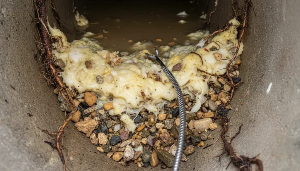 Drain snake failing to clear a hard clog with grease, pebbles, and tree roots