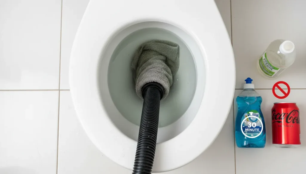 A professional wet-dry vacuum hose with a towel seal being used to extract a heavy toilet clog alongside a bottle of organic enzyme drain cleaner.