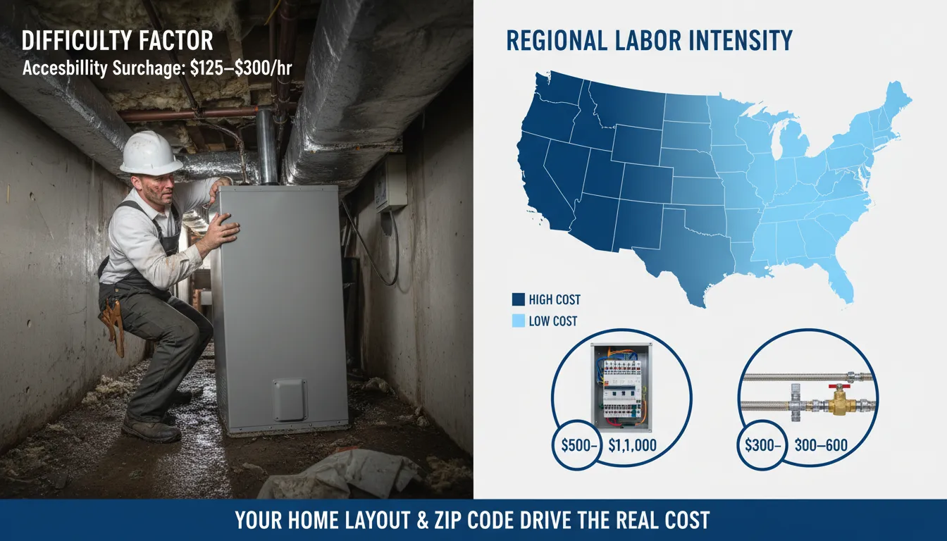 A professional plumber working in a cramped attic space with a side-by-side comparison map showing higher installation costs in New York and California versus national averages.