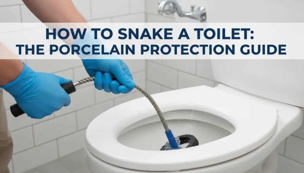 How-to-snake-plumbing: Using a closet auger with a rubber guard to protect toilet porcelain.