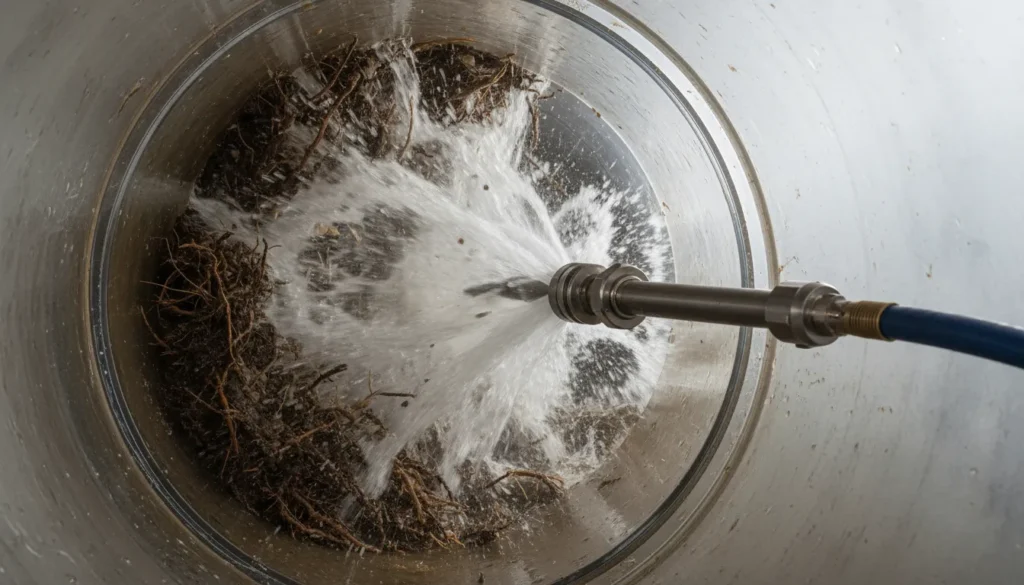 Professional hydrojet drain cleaning equipment removing sludge and pebbles from a sewer line