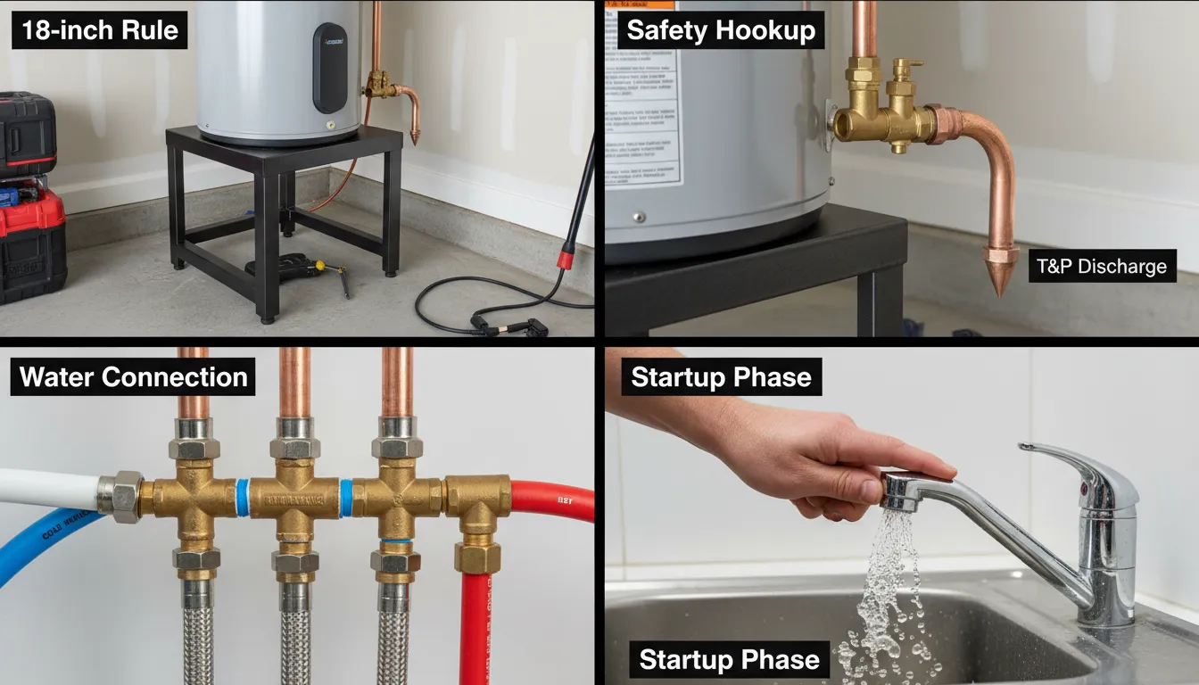 A step-by-step visual progression of a water heater installation showing the 18-inch elevation stand, T&P valve routing, and a plumber bleeding air from the hot water lines.