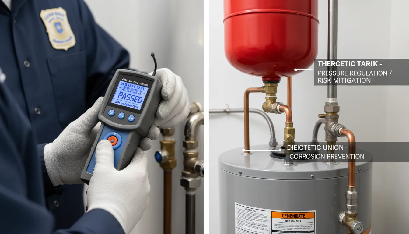 A licensed plumber performing a precision gas leak test and inspecting a dielectric union on a water heater to prevent galvanic corrosion and ensure NFPA 54 code compliance.