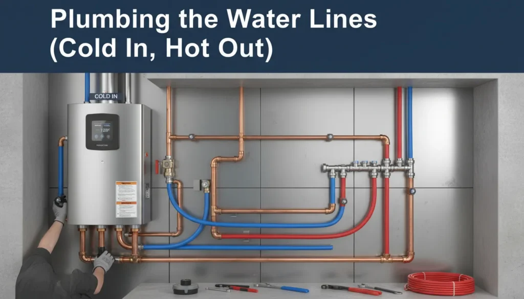 How to plumb a water heater: Connecting cold water inlet and hot water outlet with an expansion tank.