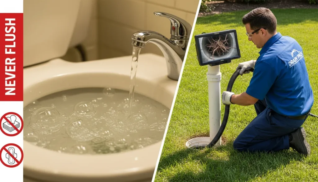 A professional plumber using a diagnostic camera and a large power auger to clear a main sewer line blockage outside a residential home.